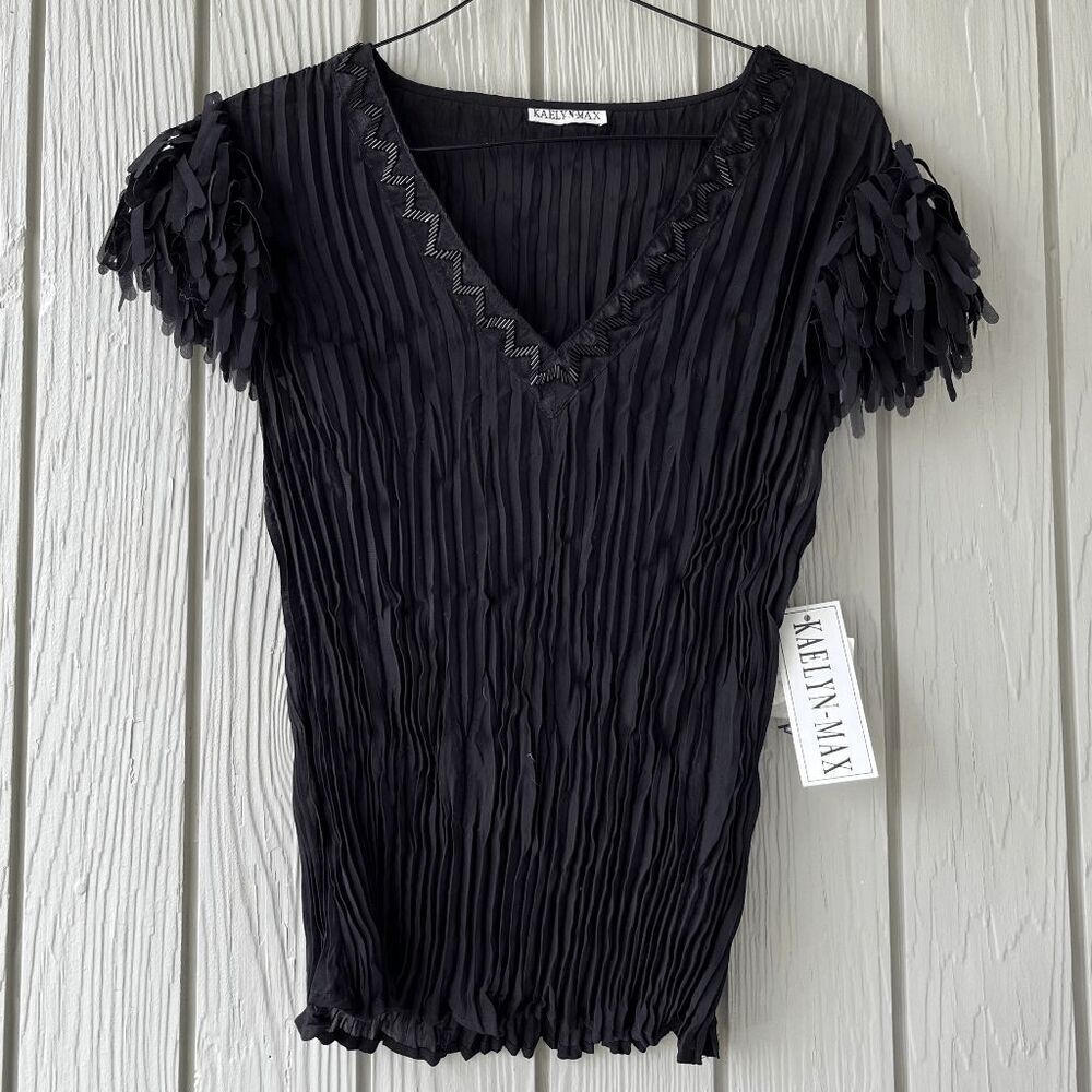 VTG Y2K NWT Kaelyn-Max Black Beaded Crinkle Top Sheer Party L